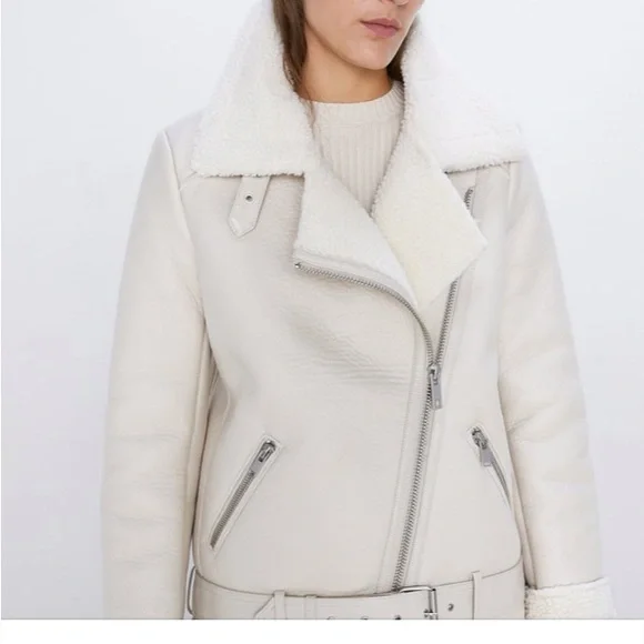NWOT Zara winter white fur lined biker jacket. - Picture 2 of 11